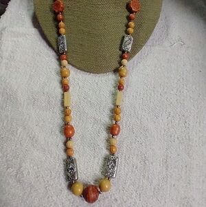 Silvertone beaded yellow orange long necklace
